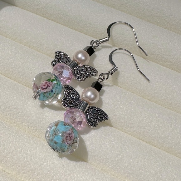 Handmade Pink & Blue Roses Angel Earrings Glass & Faux Pearl Silver Tone Girly - Picture 4 of 6